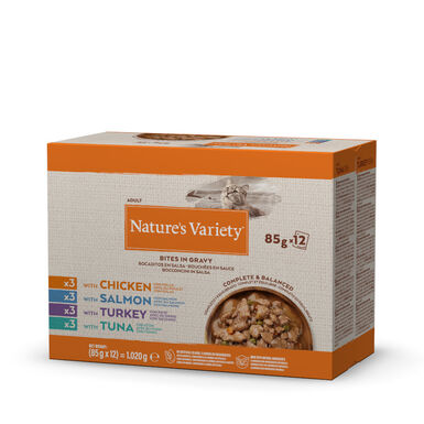 Nature’s Variety Pedaços de Peru, Atum, Frango e Salmão Saquetas com molho para gatos